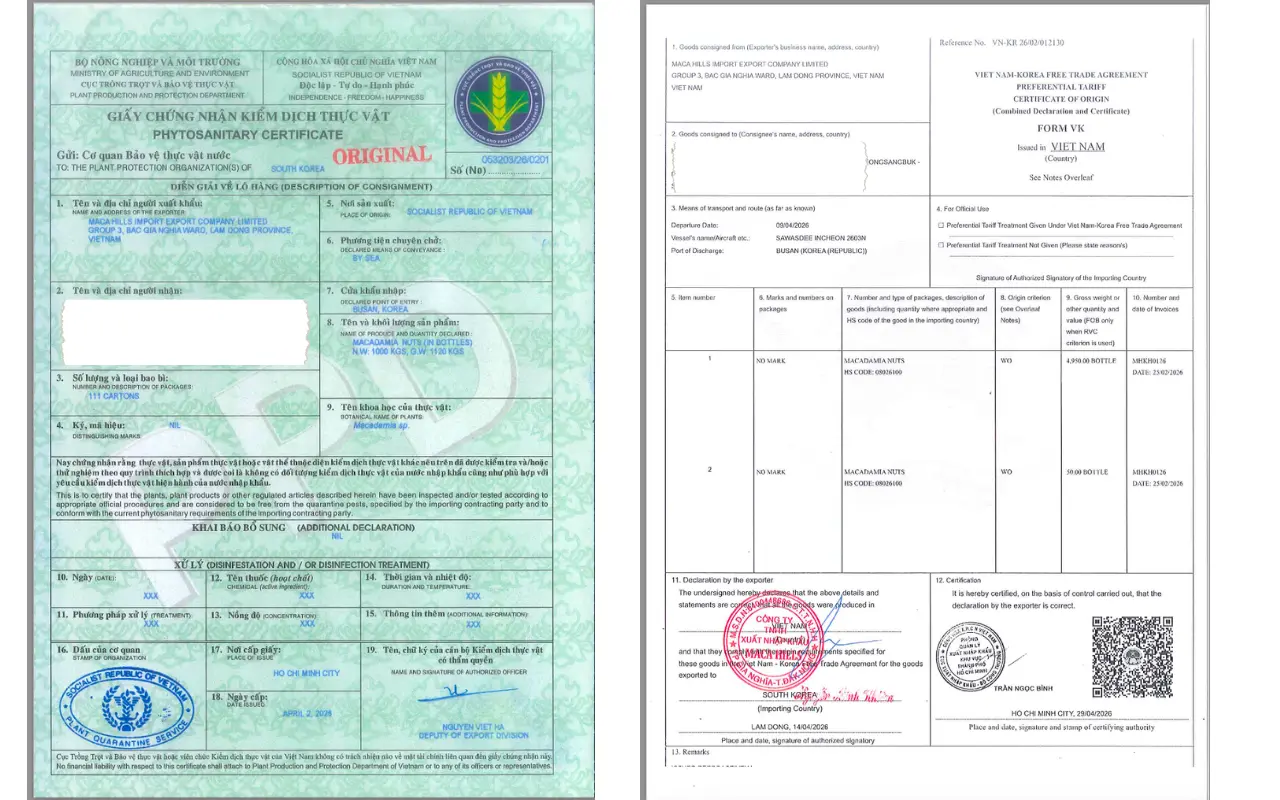 Chung tu cong ty macca xuat khau han quoc